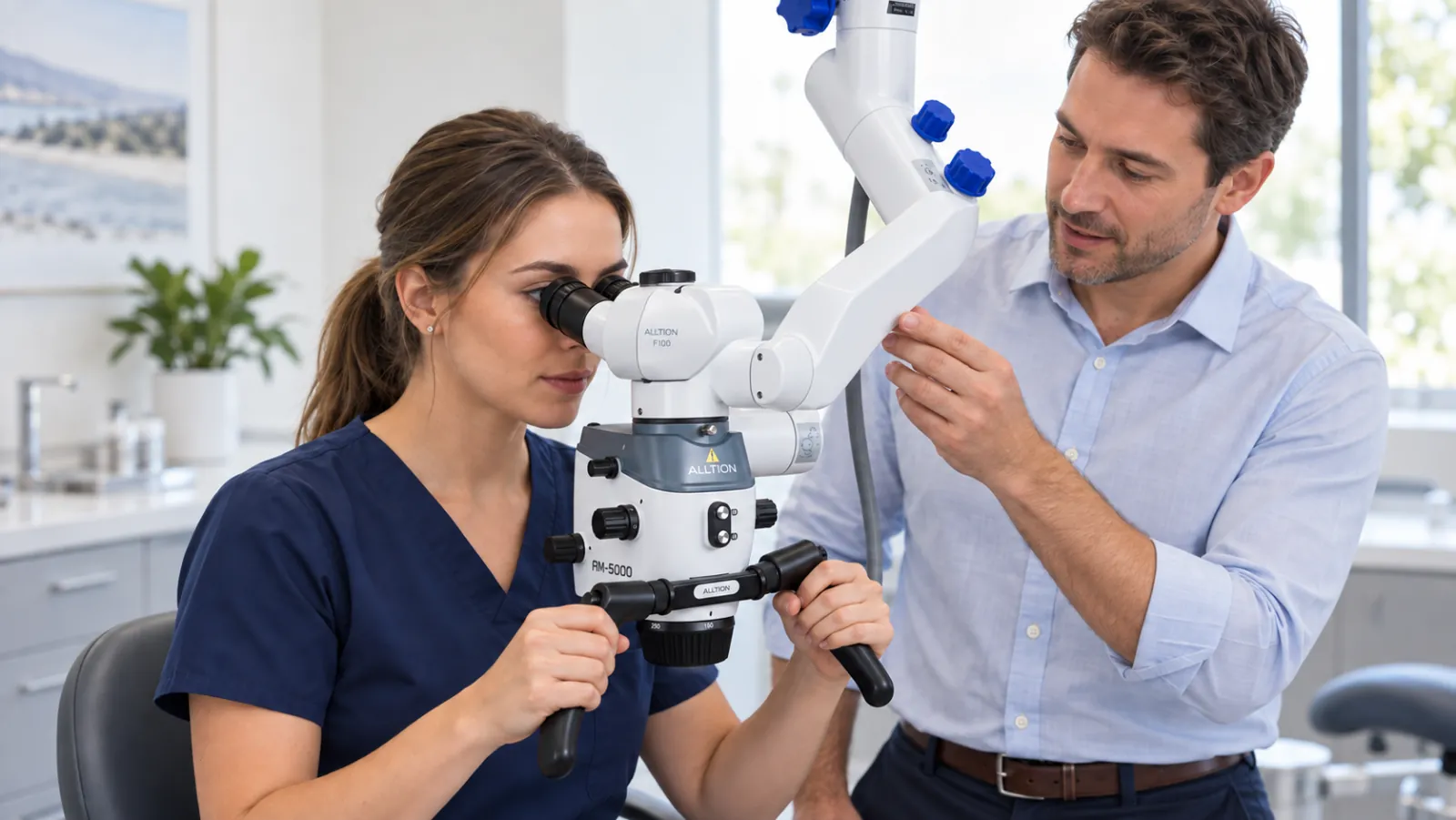 Clinician trying an Alltion microscope with a product specialist in a clinic